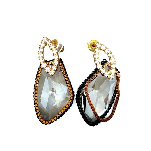 Large Black Stone Chain Crystals Earrings - Picture 1 of 6